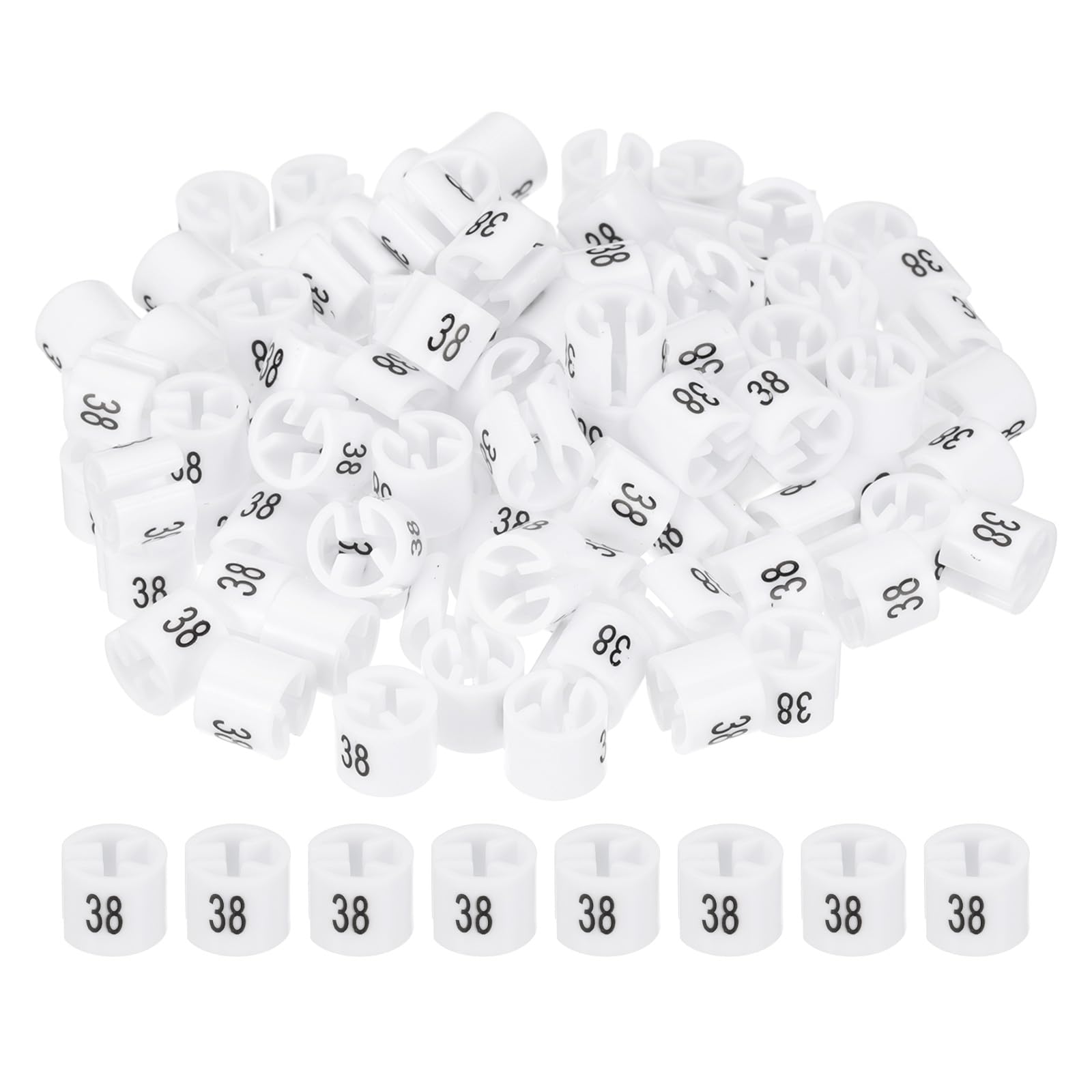 PATIKIL 100 Pcs Clothes Hanger Markers, Number 38 Tag Fit 3mm Rod Garment Size Hanger Clips Color Coding Label for Clothing Hangers, White