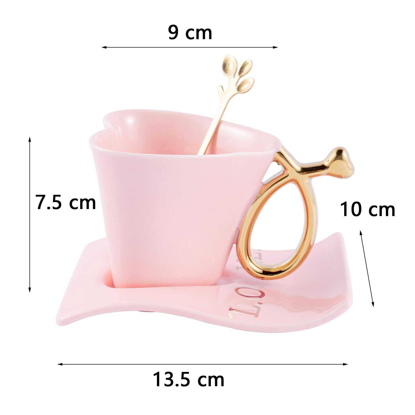Winlauyet 135 ml / 4.56 oz Porcelain Espresso Cups Heart-Shaped Cup Mug with Saucers and Spoon Ceramic Coffee Tea Cups (Pink)