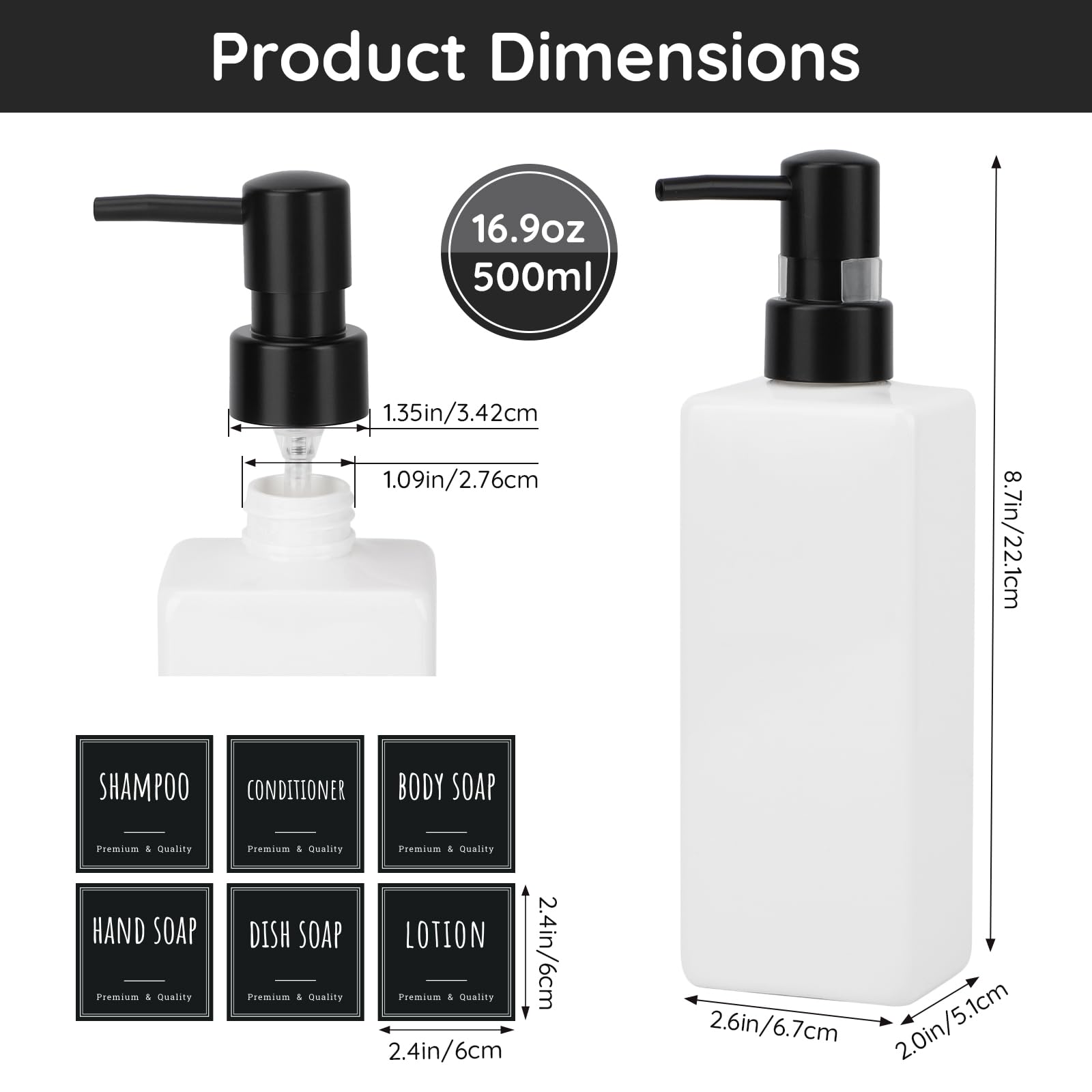 3 Dispenser Shampoo E Bagnoschiuma Da 300 Ml – Plastica PET Con Pompa Bloccabile – Set Con 12 Etichette Impermeabili