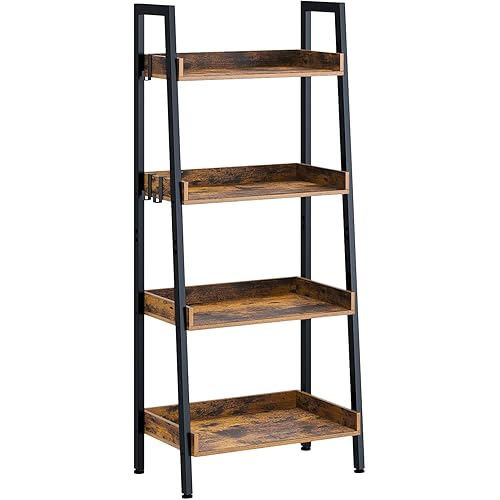 Rolanstar Bookshelf, 4 Tier Ladder Bookshelf with 3 Hooks, Industrial Bookcases, Freestanding Display Plant Shelves with Metal Frame for Living Room, Rustic Brown