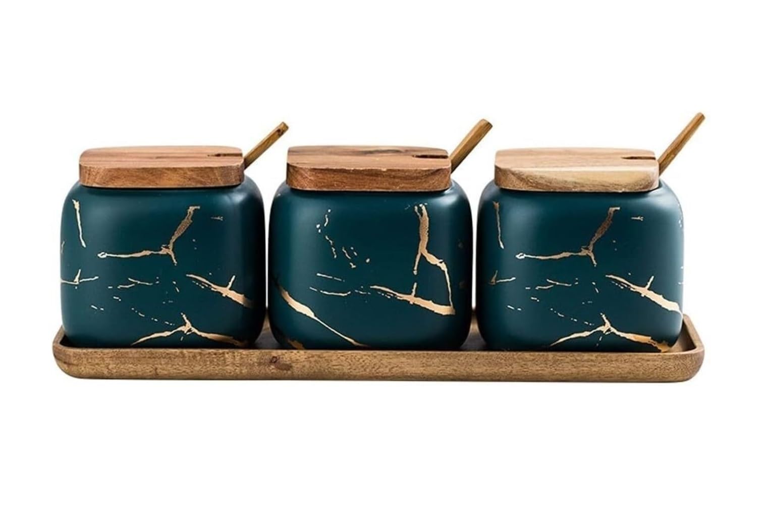 SAeWare Tarro de condimentos, contenedor de especias de cerámica con cuchara y tapa de bambú, azucarero, olla para condimentos, encimera de cocina para el hogar, color verde