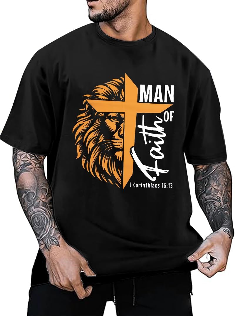 Christian Shirts for Men Inspirational God Faith Shirt Oversized Christian Faith Cross Tee Tops Small Black