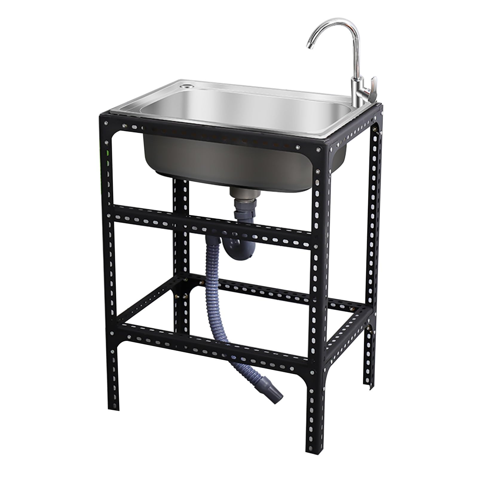 TAXXII Free Standing Utility Sink Outdoor Garden Single Trough Stainless Steel 1 Compartment Commercial Kitchen Suitable for kitchen patio garage dining room With black bracket drain pipe