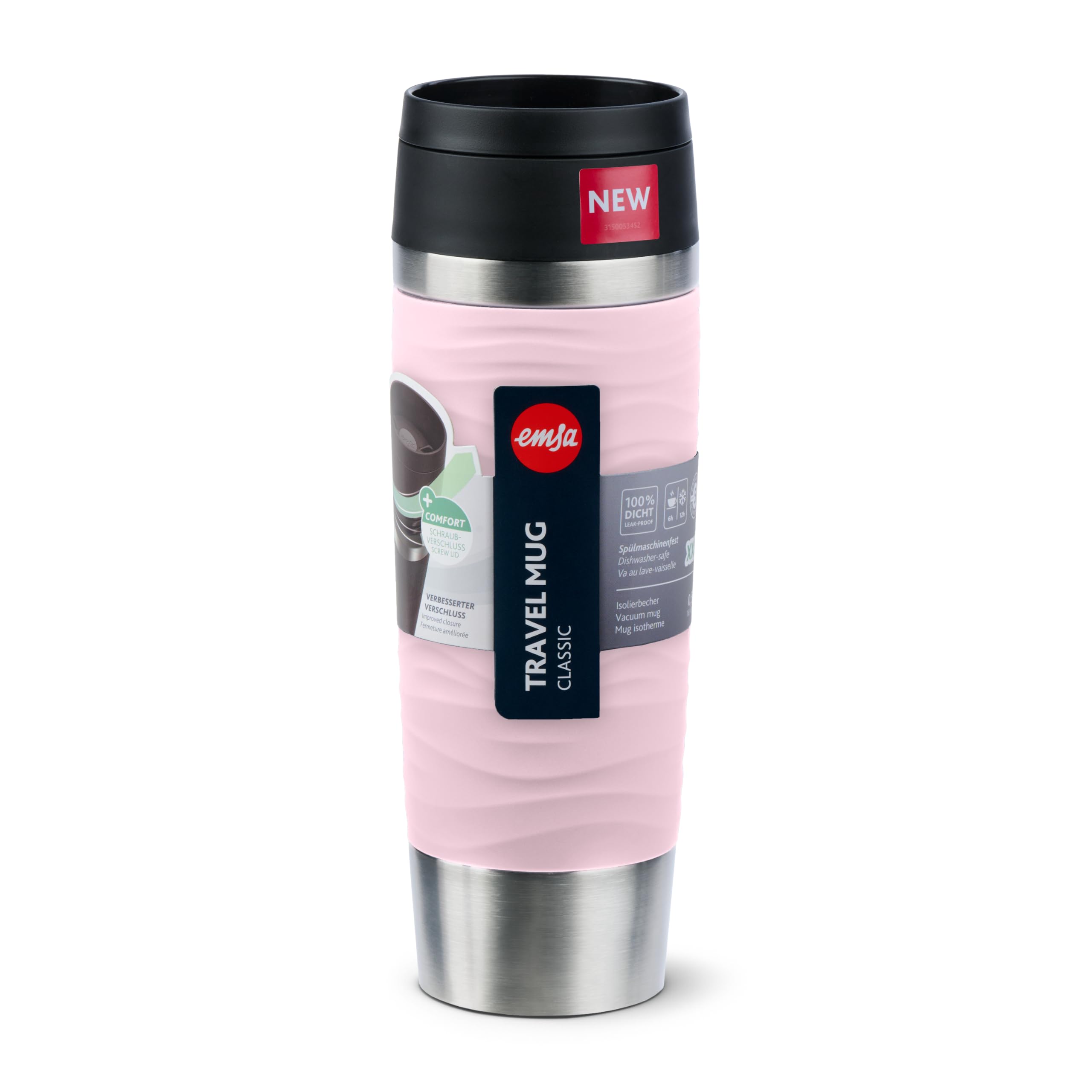 Emsa Travel Mug Waves mit Gravur 500ml – Personalisierter Thermobecher mit Namen oder Logo, Isolierbecher für Kaffee & Tee to Go, Edelstahl, Quick Press Verschluss, 100% auslaufsicher (Rosa)