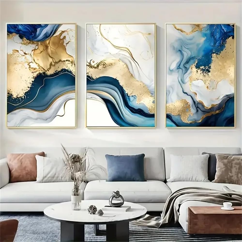 CLJKDX Abstract Golden Blue Marble Wall Art, Canvas Paintings, Modern Poster and Print Wall Picture For Living Room Bedroom Decoration-40 * 50cm*3PCS (No Frame)