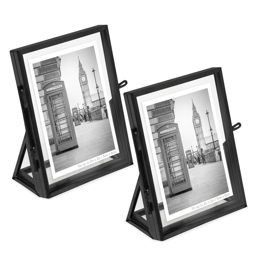 Isaac Jacobs 2x3, Black, Vintage Style Brass and Glass, Floating Photo Frame, Metal, (Vertical), with Locket Closure and Angled Base, for Pictures, Art, Mementos, Keepsakes, 2 Pack (2x3, Black)