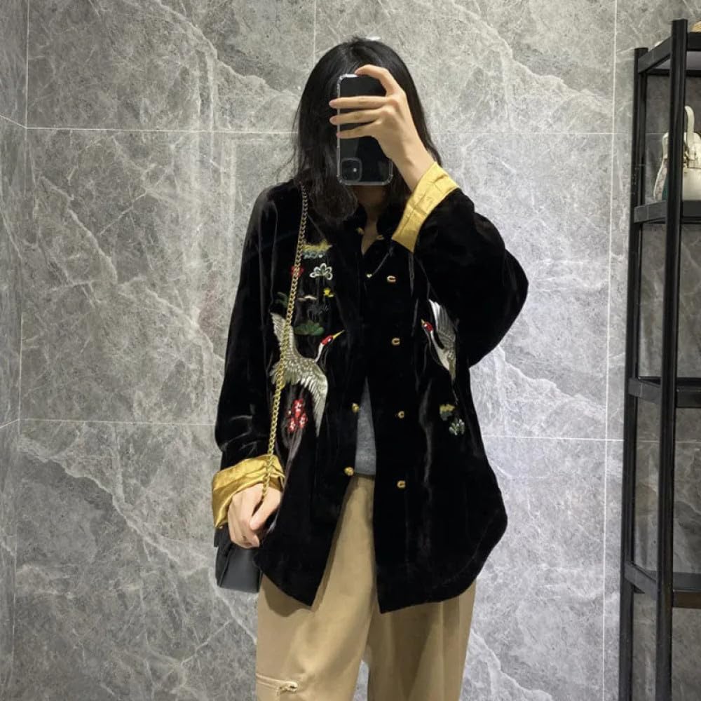 Chaqueta de Primavera de Estilo Chino para Mujer - Abrigo de Terciopelo Negro con Bordado Chino Chaquetas Informales Sueltas de Moda de Estilo Chino para Mujer Tops Ropa Étnica Vintage para Muje