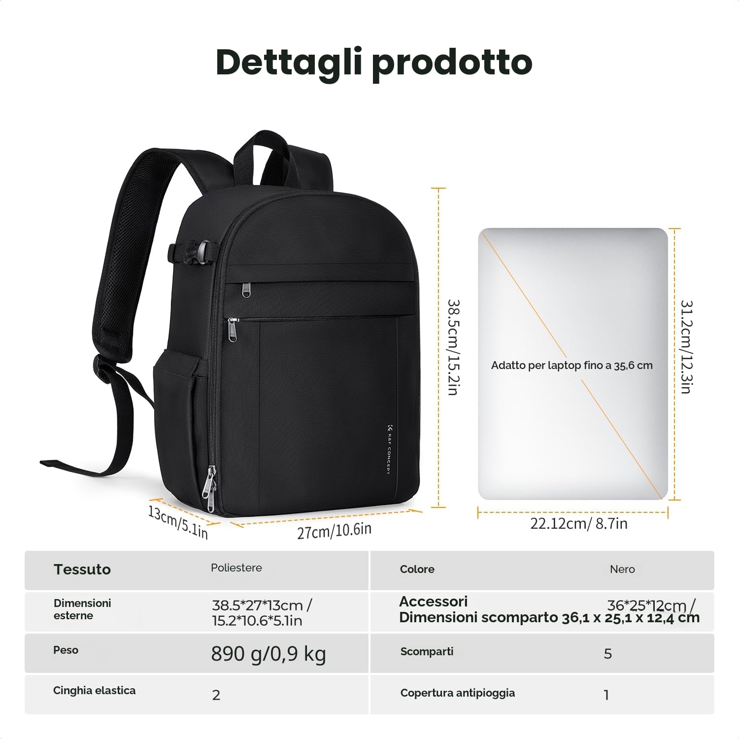 K&F CONCEPT Zaino per Fotocamera Compatto, Zaino Fotografico con Parapioggia, scomparto per laptop per obiettivi reflex treppiedi