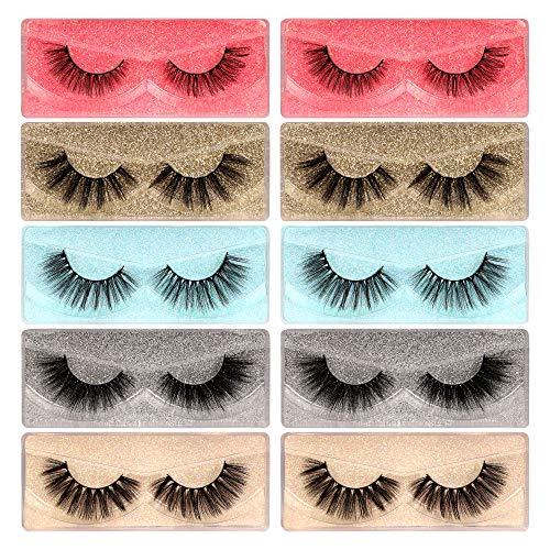 JIMIRE False Eyelashes 5 Styles Natural Volume Lashes Bulk 3D Faux Mink Wispy 12MM-17MM Long Eyelashes Pack with 10 Portable Eyelash Boxes