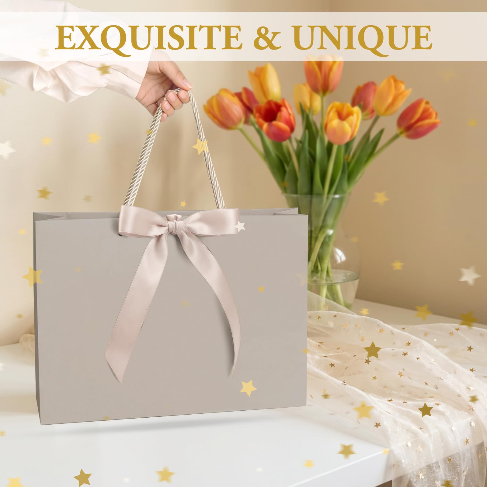 MESHA Gift Bags Set with handles and Bow Ribbon, 2 Greeting Cards and 1 Matching Envelope with 4 Tissue Paper ,1Pcs Champagne Luxury Portable Paper Gift Bag for Baby Shower Birthday Party Favor Wedding Graduation Mother's Father's Day