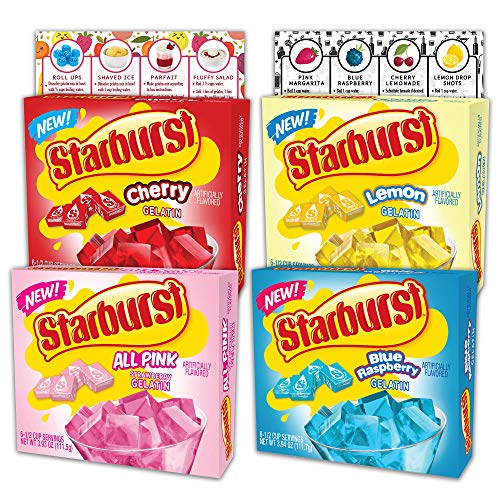 Starburst Gelatin Variety Pack | 1 Box Each Flavor - Blue Raspberry, All Pink Strawberry, Lemon and Cherry | Bundled with Ballard Jello Shot Recipe Card and Ballard Cold Treats Recipe Card