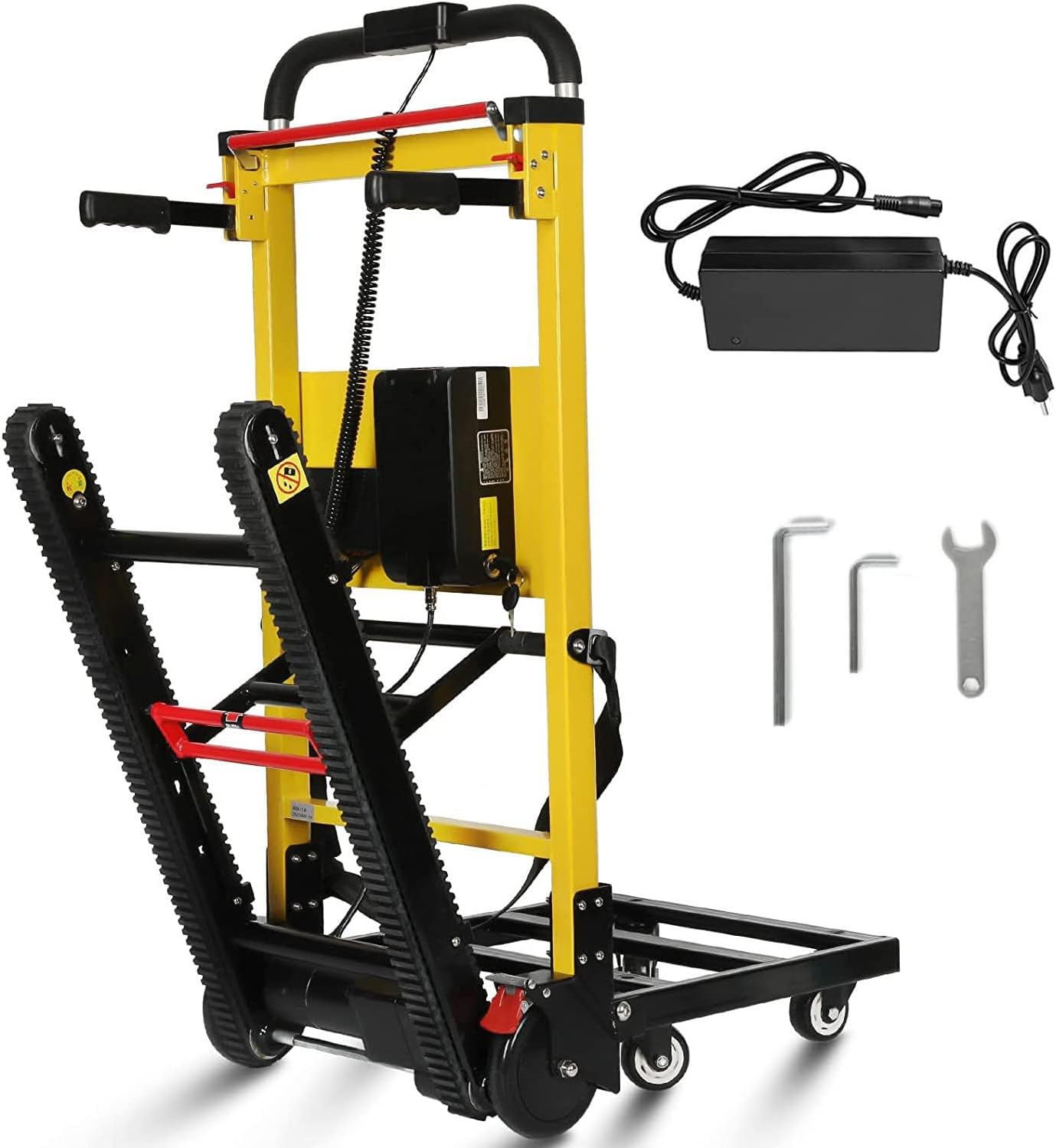 Electric Stair Climbing Dolly, Heavy Duty, Powered Stair Climber Dolly Cart with 6 Wheels Motor Powered for Furniture Logistics Warehouse, Black & Yellow, 120W