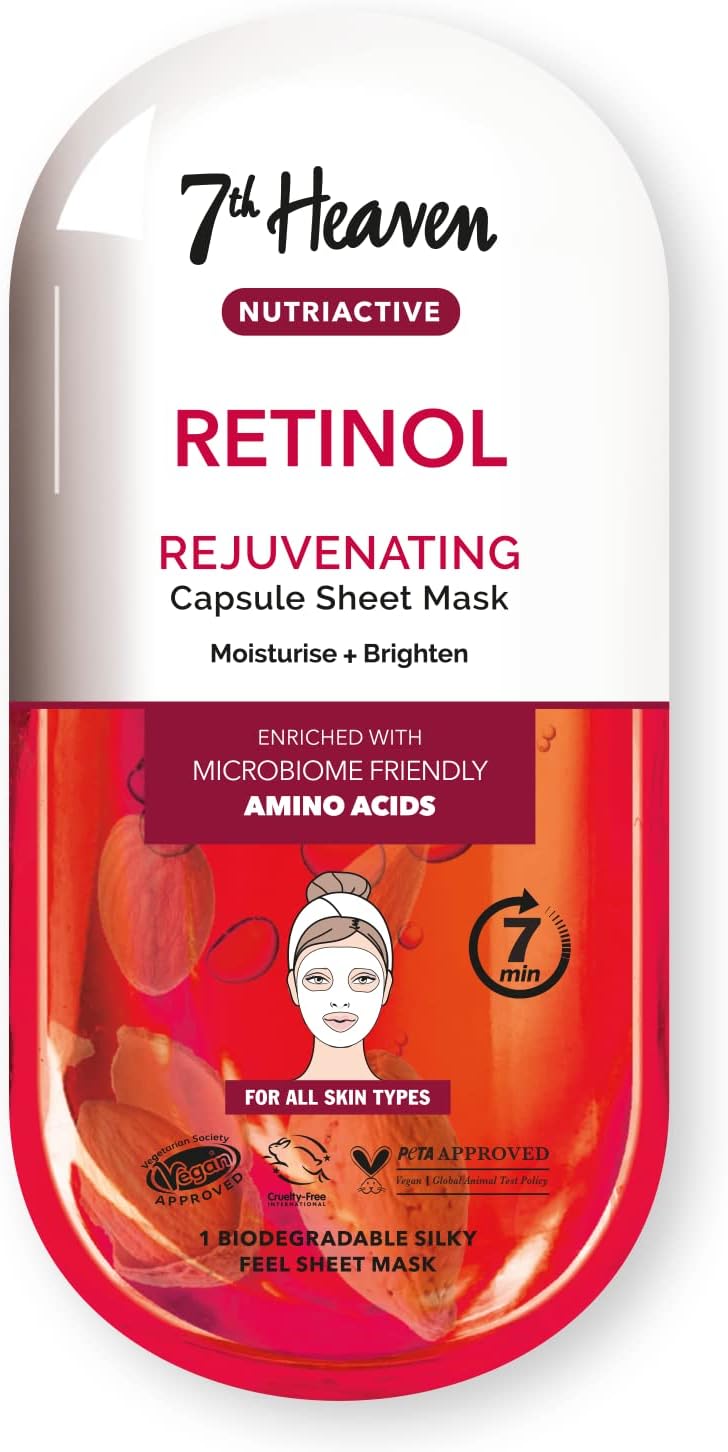 7th Heaven Retinol Nutriactive Rejuvenating Sheet Face Mask, Moisturising and Brightening Care, Enriched with Amino Acids, Helps Smooth Surface for Fresh, Radiant-Looking Skin, Vegan Approved