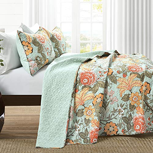 Image of Lush Decor Sydney Reversible Cotton Quilt Set, 3 Piece Set, King, Blue & Green - Cotton Bedding Set - Blue Floral Quilt - Cottage Decor - Bedding King Size