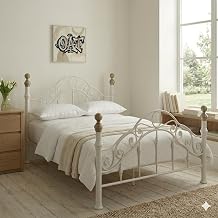 OAT Home Kensington White & Brass French Style Metal Bed Frame, Steel, White with Polished Brass Ball Finials, Small Double, Double, King Size Small Double