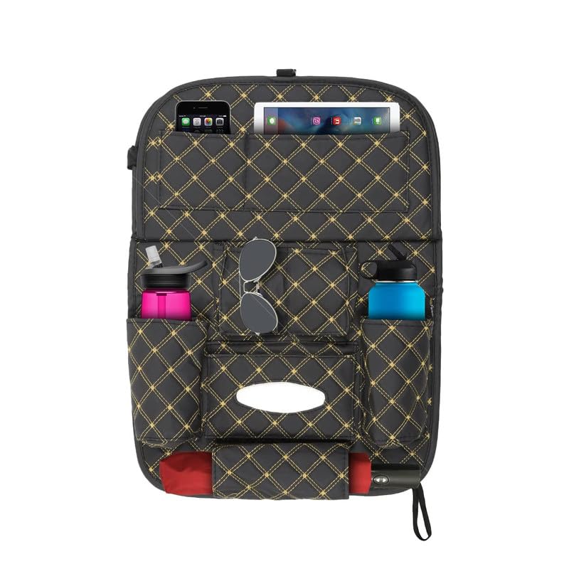 Pu Leather Auto Car Back Seat Organizer With Foldable Dining Table Tray, Multipocket Storage Tablet, Bottle And Tissue Paper Holder_Black With Red Embroidered, Automobiles-image-23