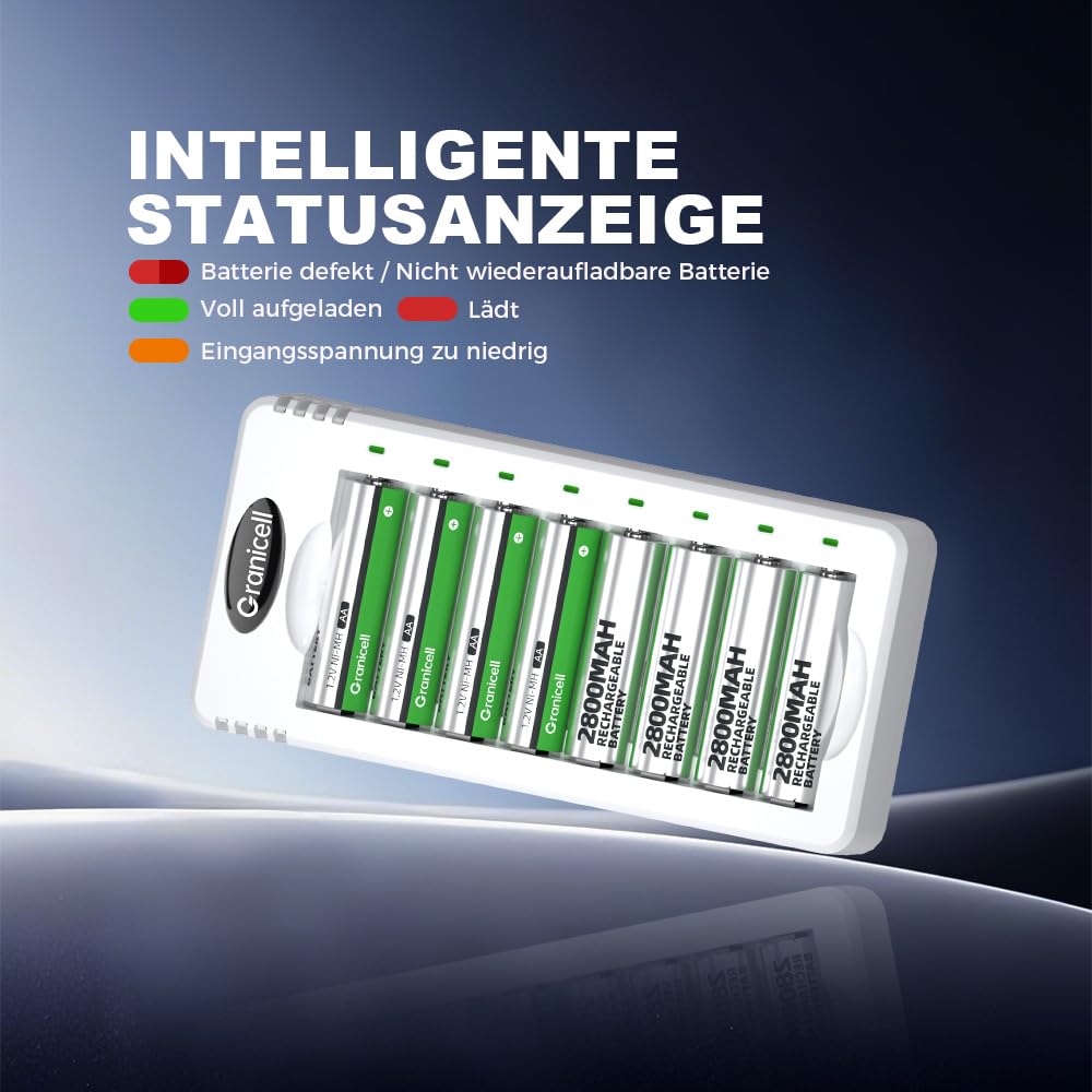 Granicell 8-Slot Akku Ladegerät mit 16 Stück Akkus (8X AA 2800mAh + 8X AAA 1100mAh), 1.2V Mignon Micro NI-MH Wiederaufladbare Batterien (Vorgeladen), XXL Familien-Kombiset