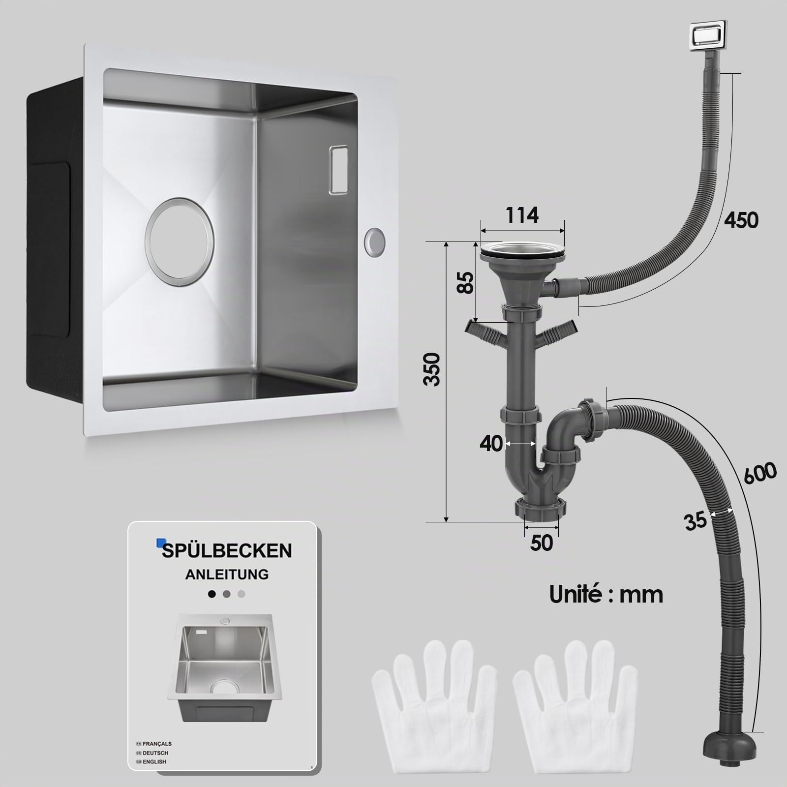 ROVOGO 50x38cm Evier de Cuisine Acier Inox 304 Brossé, Lavabo Cuisine 1 Bac | Kit de vidage d'évier de cuisine avec bonde panier et trop‑plein, Evier de cuisine avec trou pour robinet, montage par‑dessus