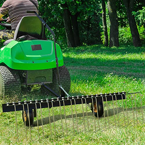 YITAMOTOR 60 Inch Tow Behind Dethatcher, Lawn Dethatcher Rake with 24 Spring Steel Tines & Lift Handle for ATV or Mover Tractors, Tow Behind Lawn Rakes for Leaves, Pine Needles, and Grass