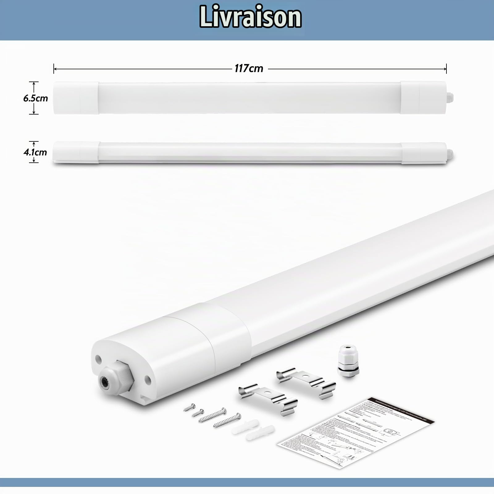 Plafonnier LED 120CM, Tube LED 36W 4000LM Blanc Neutre 4000K IP65 Étanche pour Garage, Cave, Bureau, Salle de Bain, Atelier, Sous Sol