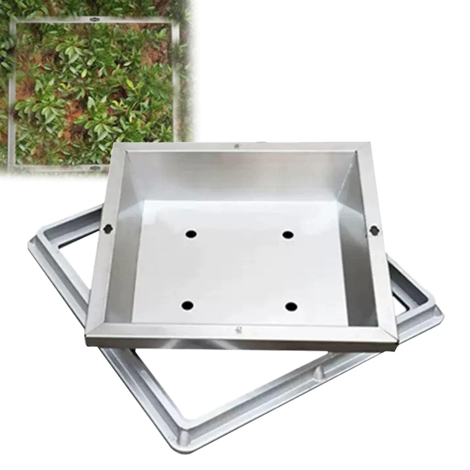 Tapa Arqueta, Tapa de Inspección Invisible, Cubierta y Marco de Boca de Acero Inoxidable para Inspección de Césped con Orificios de Drenaje(50cm/20in)