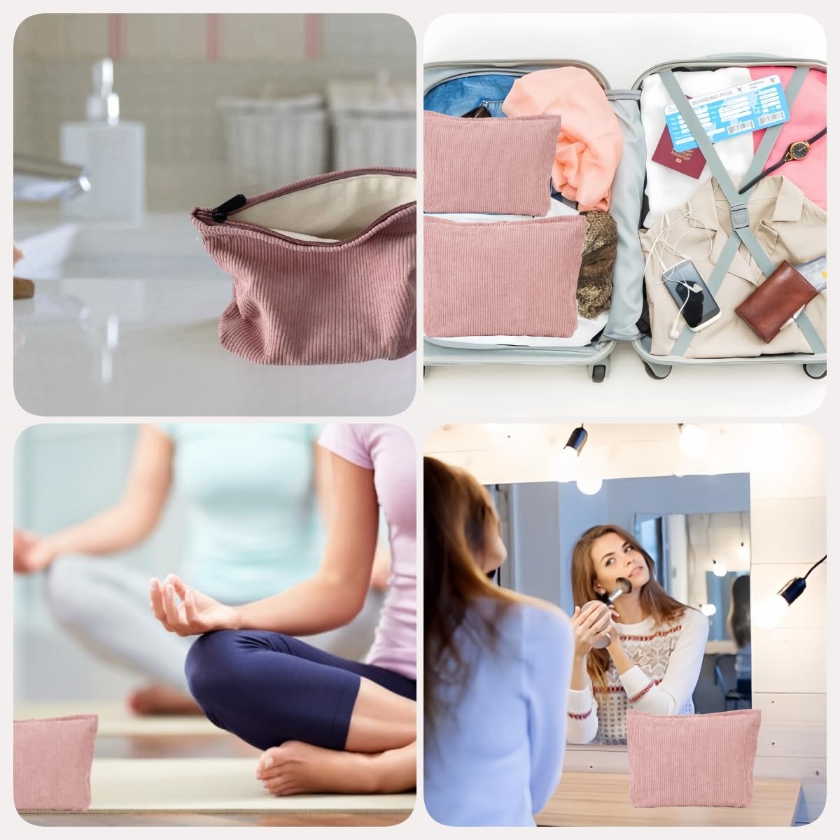 2 Pezzi Pochette Trucchi, Bustina Portatutto in Tela, Porta Trucchi da Borsa e Viaggio con Cerniera, Beauty Cosmetica Makeup Bag - Rosa (1 Grande + 1 Piccolo)