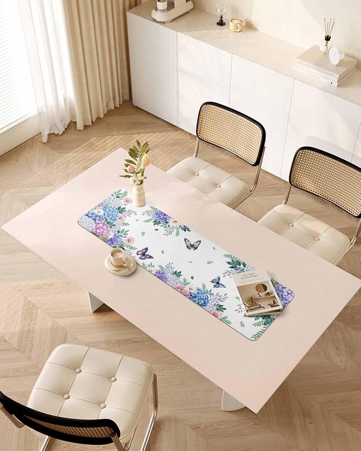 Spring Flowers Heat Table Runner Long, Watercolor Floral Butterflies Botanical Table Countertop Protector Waterproof Non-Slip Decorative Heat Proof Place Mat for Kitchen Dining Room 48"x12"