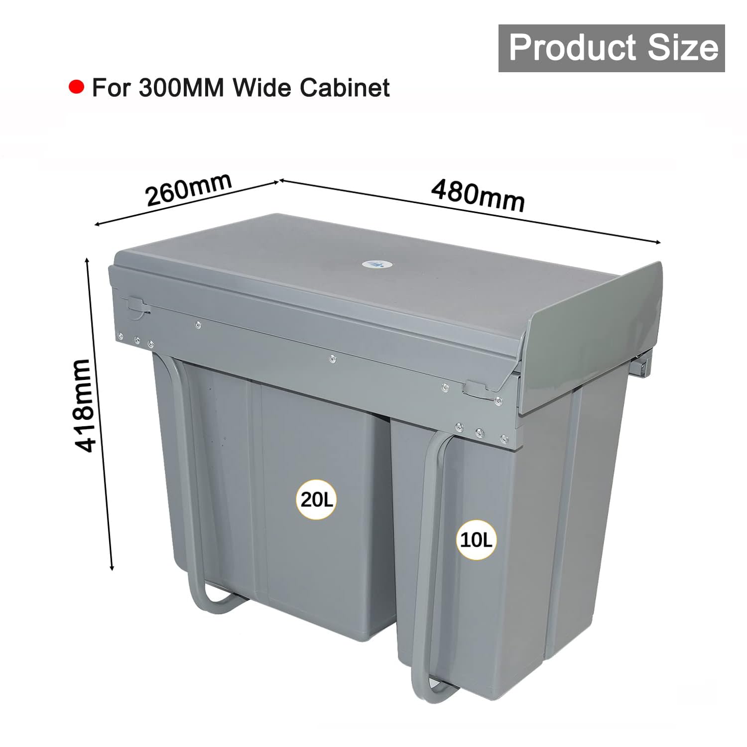 Nisorpa Ausziehbarer Küchen-Mülleimer, 20 l + 10 l, Recycling, Küchenschrank, Mülleimer, Abfalleimer, geschlossener Mülleimer mit zwei Fächern für Müll, Müllsortierung, 480 x 260 x 418 mm, Grau