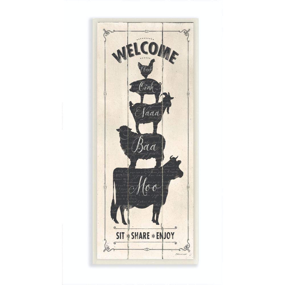 Stupell Industries Welcome Farm Animal Rustic Wood Textured Word Design Carteles y Placas, Madera MDF, Multicolor