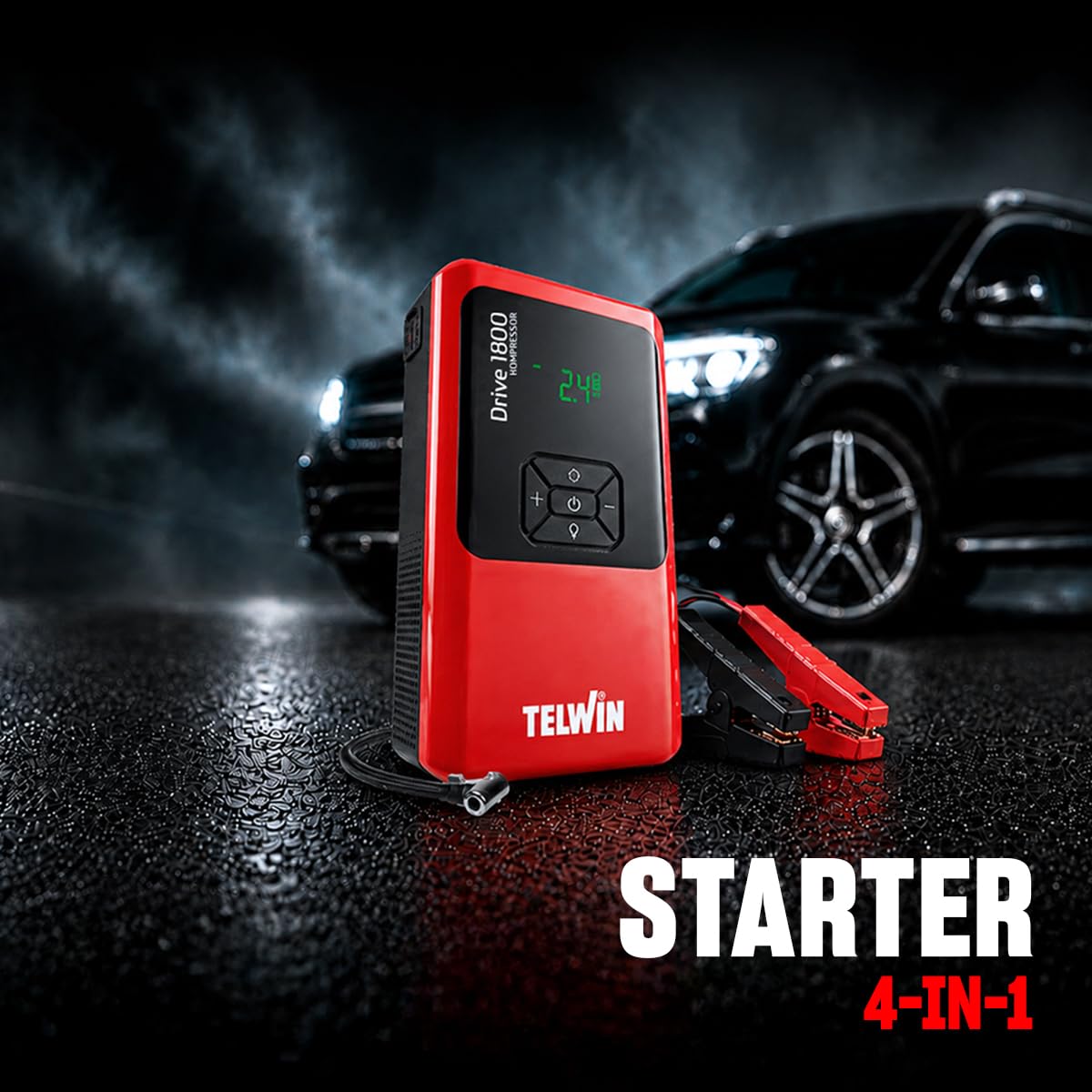 Telwin Drive 1800 Kompressor, Démarreur Booster Multifonction 12V Portable et Ultra-Compact pour Voiture, Moto, Bateau avec Compresseur Intégré, Powerbank et Lampe LED, 1800A démarrage Max