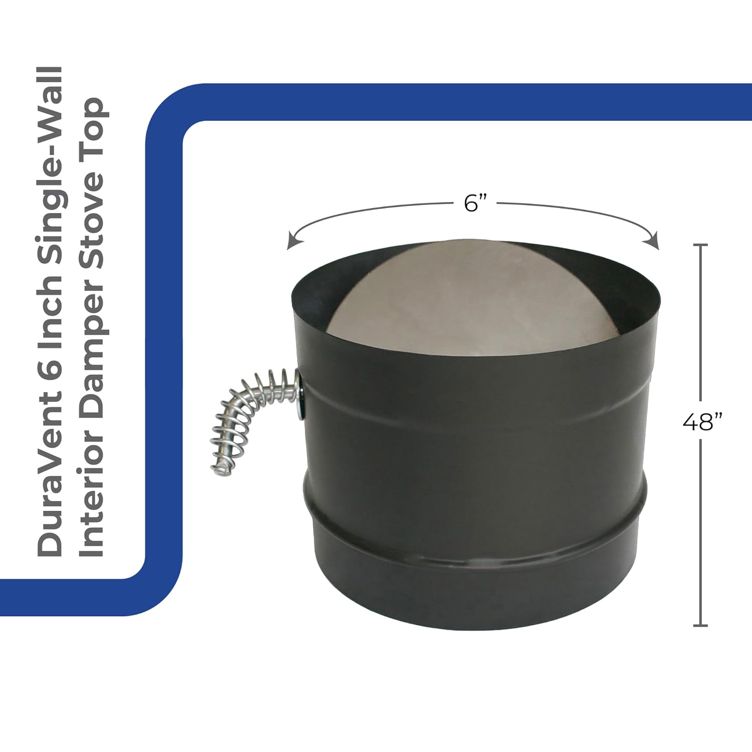 DuraVent 6 Inches 24 Gauge Steel Single Wall Air Insulated Damper Section As Wood Burning Stove Top Connecting Adapter, Black