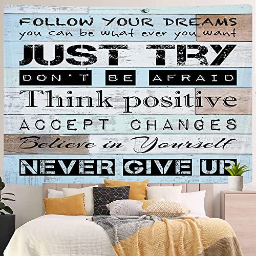 Quote Inspirational Motivational Wall Tapestry Follow Your Dreams Just Try Never Give Up Letter Tapestries 60X40 Inches Funny Rustic Wooden Farmhouse Tapestry For Bedroom Office College Dorm (Blue, 60”X40"In) #TOP3
