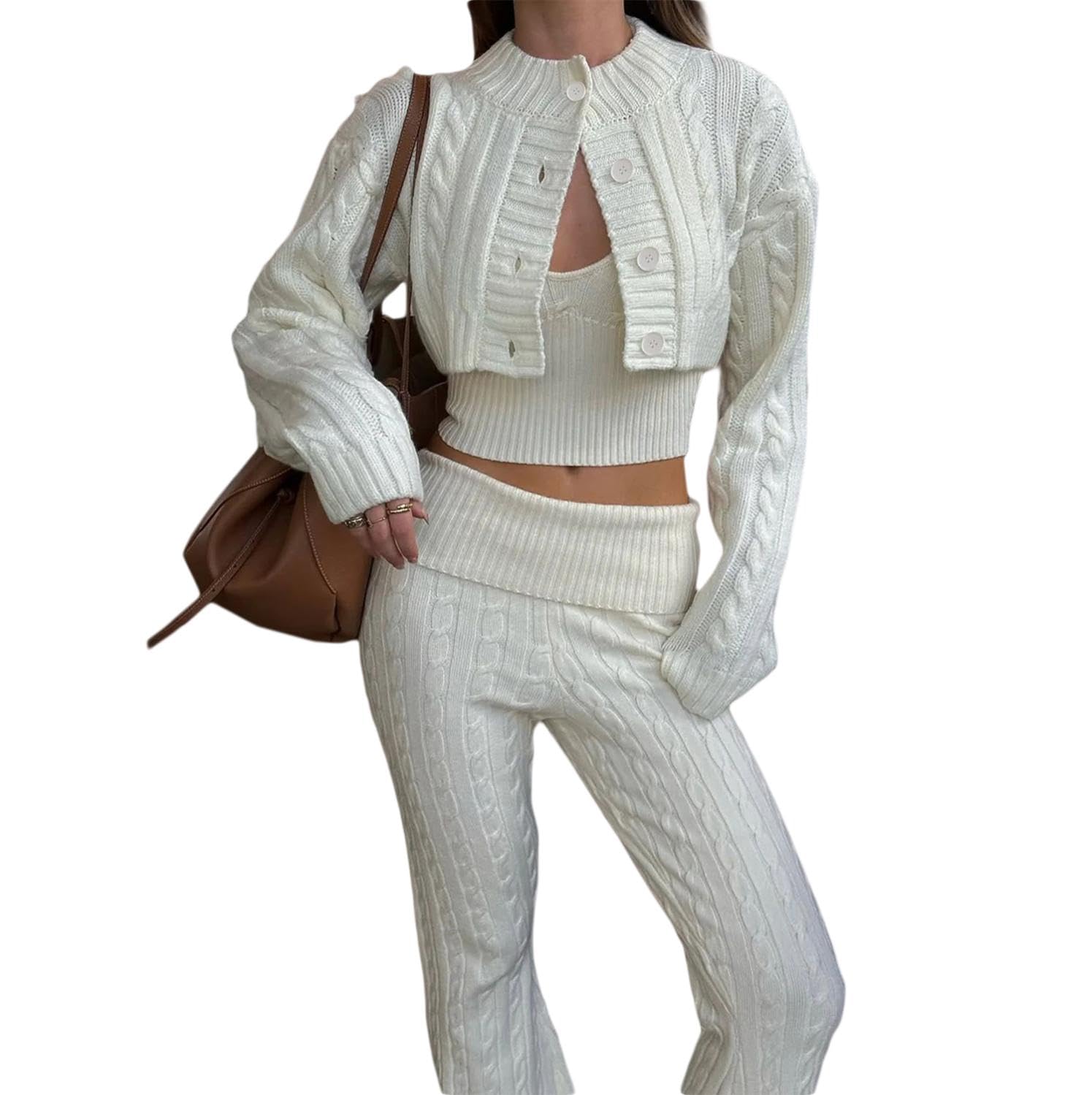 watersouprty Womens 3 Piece Outfits Knit Vest Cropped Cardigan Foldover Flare Leg Pants Sweater Sets