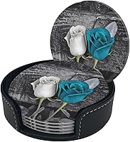 Vista 2 de 6 posavasos redondos de cuero con estampado de rosas color verde azulado, impermeables, con soporte para sala de estar, cocina, bar, 3.9 pulgadas