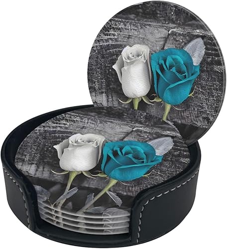 Miniatura 2 de 6 posavasos redondos de cuero con estampado de rosas color verde azulado, impermeables, con soporte para sala de estar, cocina, bar, 3.9 pulgadas