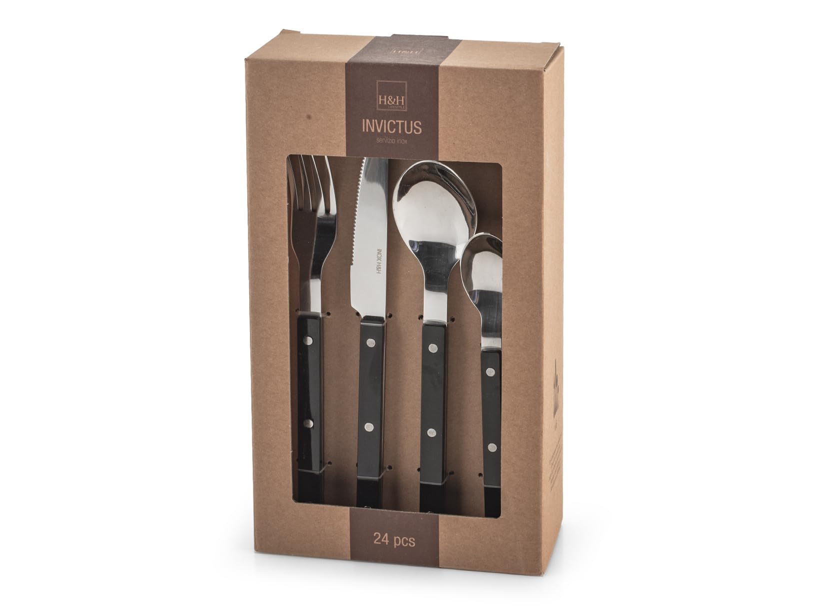 H&H Servizio 24 Posate Tavola Invictus in Acciaio Inox, Manico in Plastica Nera – 6 Cucchiai, 6 Forchette, 6 Coltelli, 6 Cucchiaini – Lavabili in Lavastoviglie