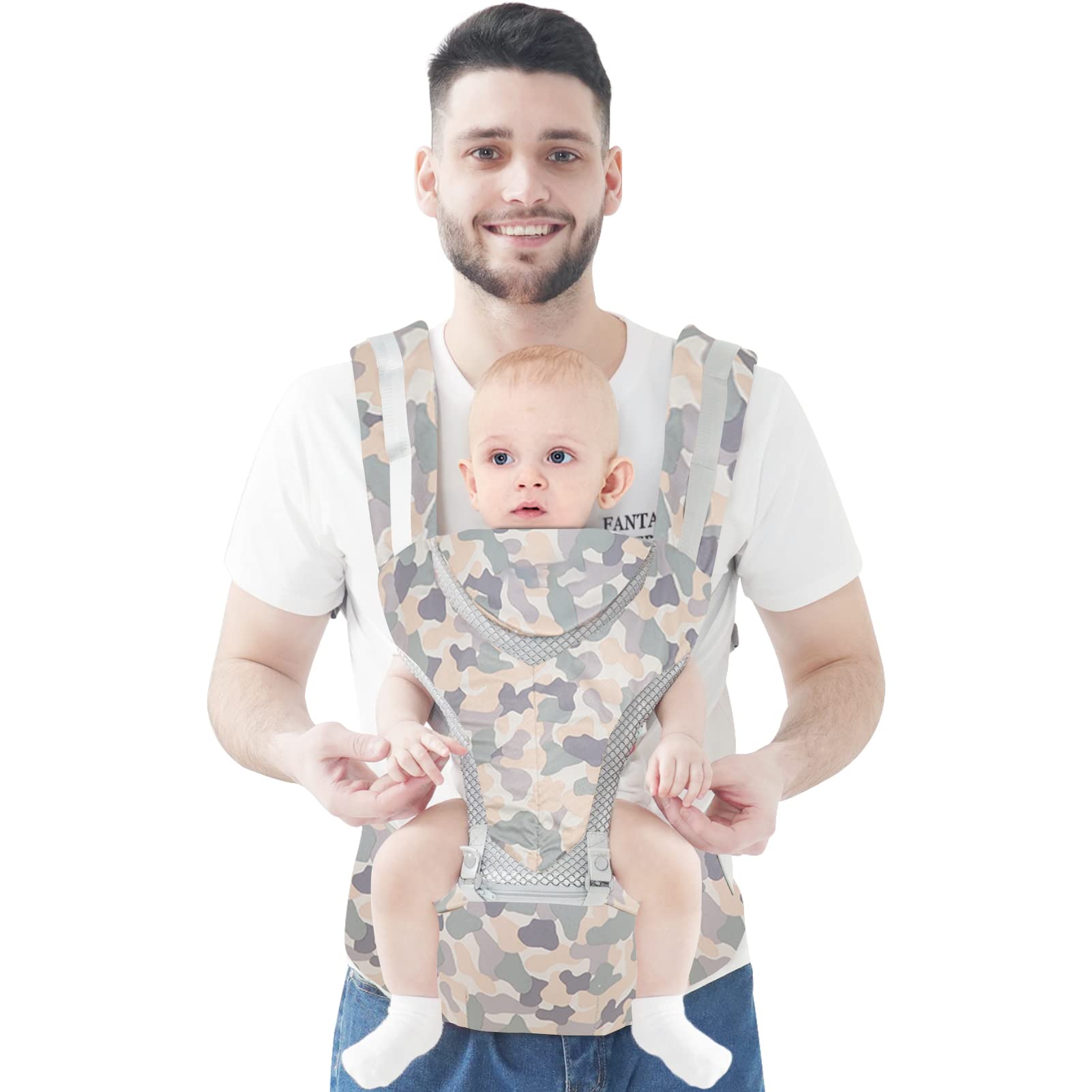 IULONEE6-in-1 Newborn Baby Carrier Ergonomic Infant Carrier with Hip Seat Lumbar Front and Back Backpack Carry Holder Carrier for Babies Girls & Toddler Boys to 7-45 lbs (Camouflage Grey)