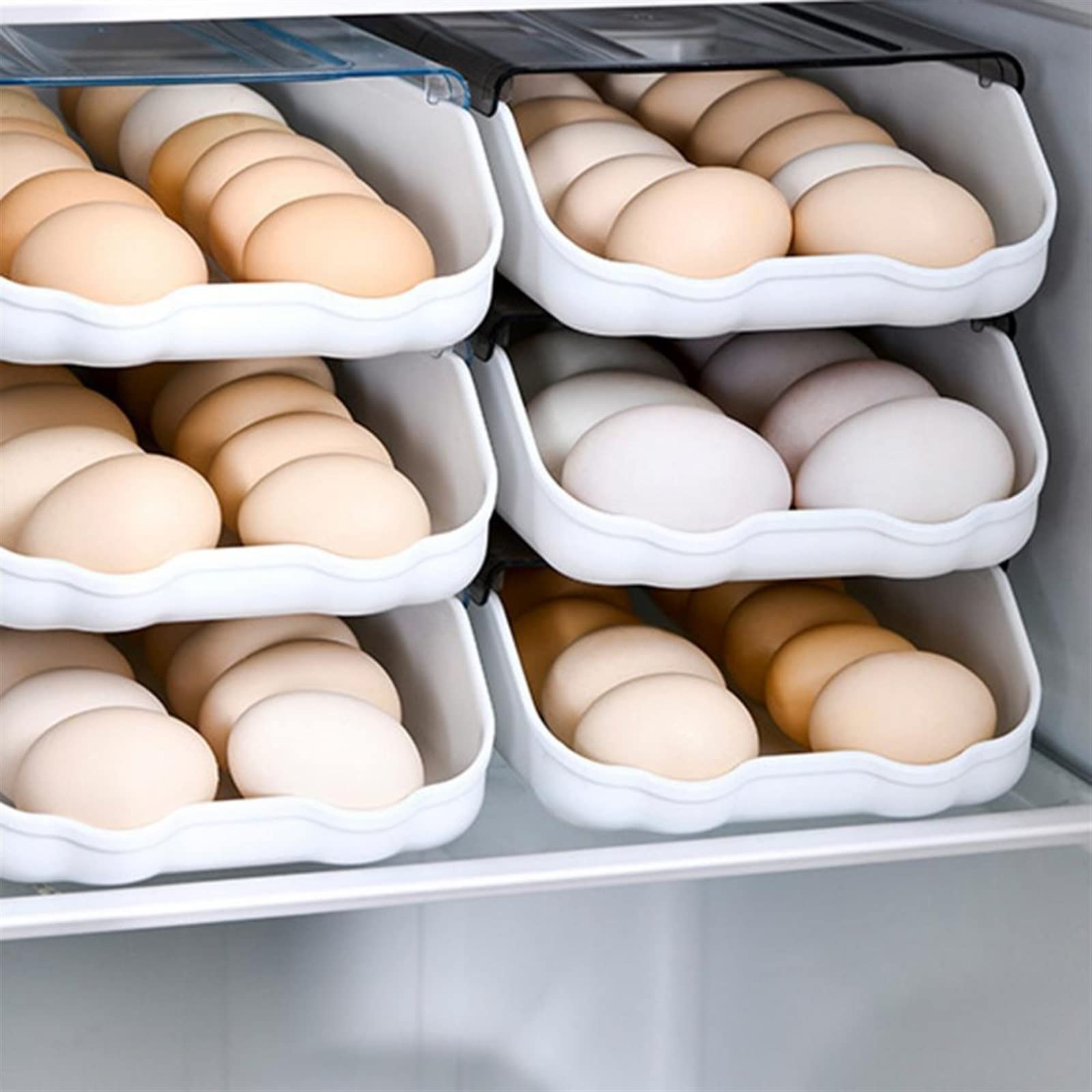 Cesta de Huevos Caja de Huevos rodante Cubierta Transparente Apilable Ahorro de Espacio Soporte de Almacenamiento de Huevos Deslizante automático para el hogar (Negro Transparente)