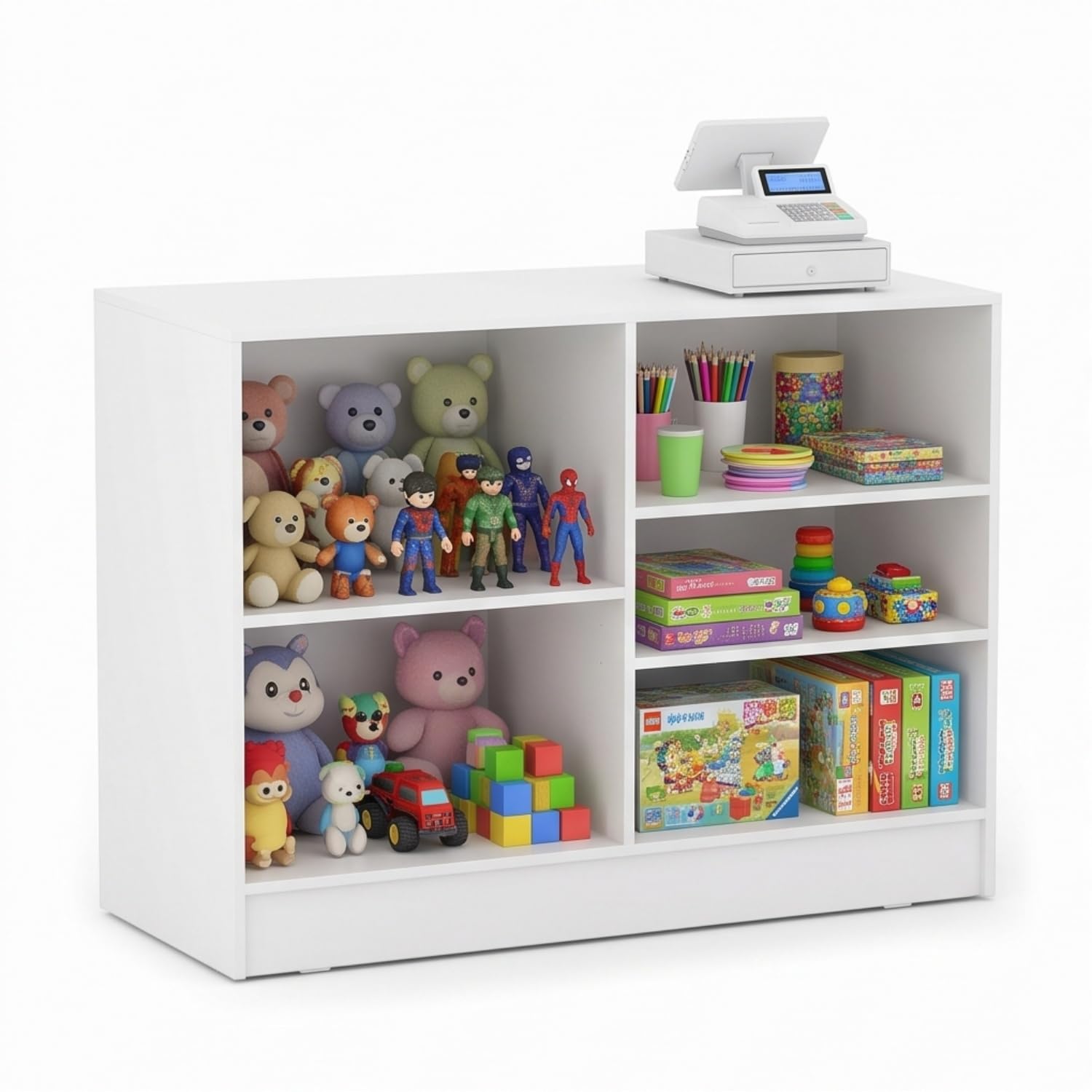 48" W * 20" D * 38" H - White Wooden Cash Wrap Counter, Commercial Cash Wrap Counter with Adjustable Shelves
