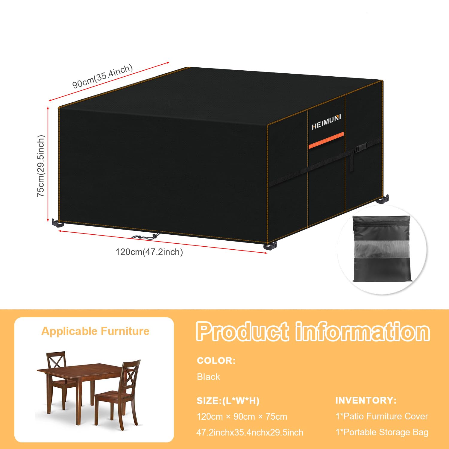 HEIMUNI Coperture per Mobili da Giardino, Panno Oxford Impermeabile Copertura,Tavoli e Sedie da Cortile Raggi UV, Copertura Tavolo Esterno, Giardino Copertura per Tavoli, Sedie, 120X90X75cm