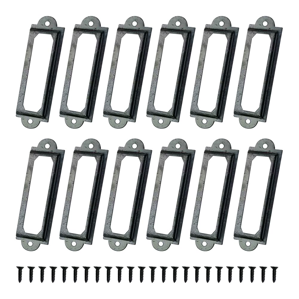 FSSTUD 60 Pcs Small Metal Rectangle Label Holders Library File Drawer Tags File Cabinet Label Frames Name Card Label Holders Vintage Office Card Frame with Screws for Gift Box Lockers Black