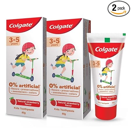 Colgate Kids Anticavity Toothpaste for 3-5 Years, 160g (80g x 2), Natural Strawberry Flavour, 0% Artificial Substances