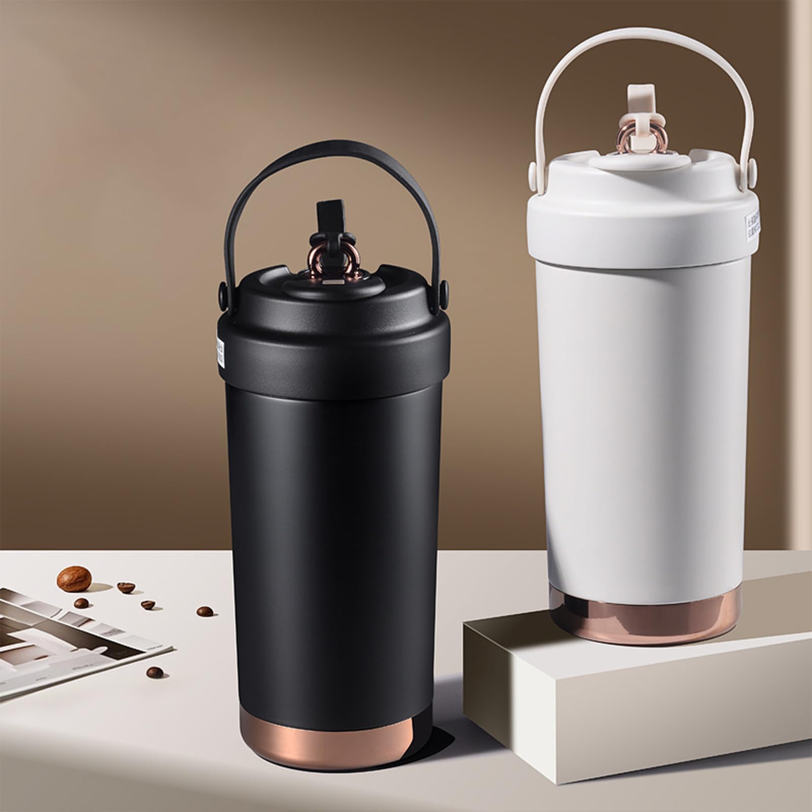 Tasse à café isotherme en acier inoxydable avec revêtement en céramique - 500 ml - Tasse à paille anti-déversement pour boissons froides et chaudes - Récipient à eau isotherme