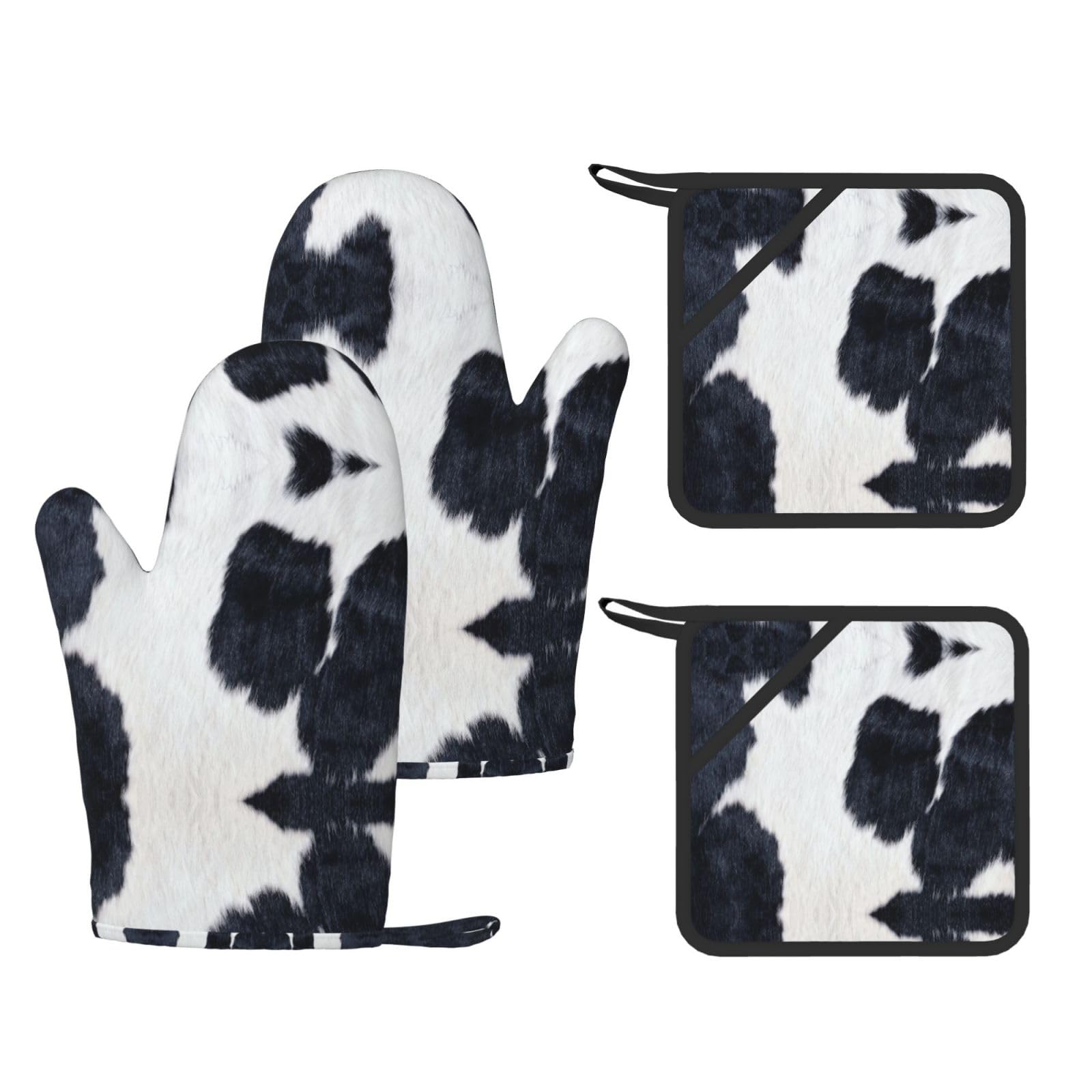 cowhide Trendy Printed Kitchen Set with Heat Resistant Gloves & Non-Slip Hot Pads for Baking & Grilling