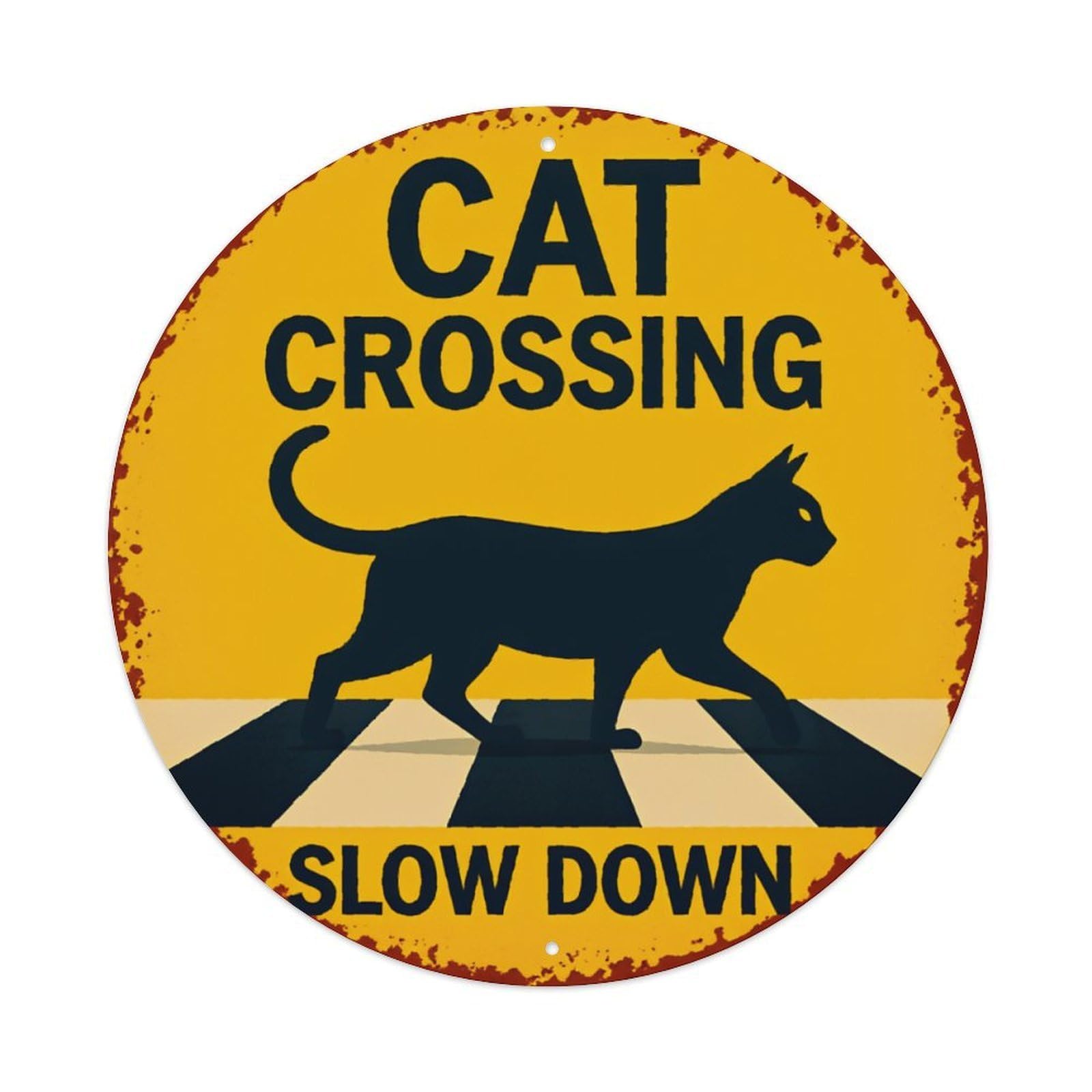 Vintage Cat Crossing Slow Down Funny Warning Sign Vintage Aluminium Metal Sign, Retro Wall Decor for Home, Bar, Garage & Farmhouse 20x20cm