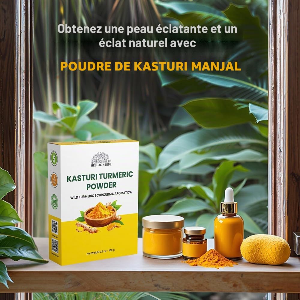 Hebhac Herbals Poudre de curcuma sauvage Kasthuri pour soins de la peau et du visage | Poudre de curcuma sauvage | Curcuma Aromatica | Poudre de qualité cosmétique pour le visage et la peau