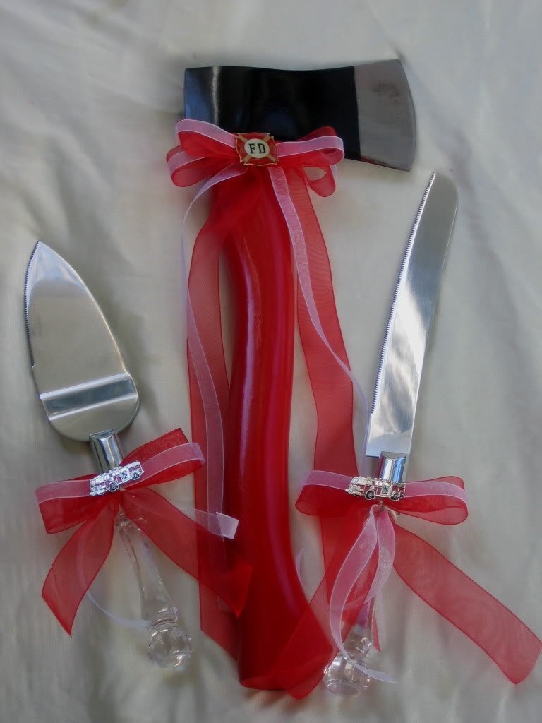 Wedding Fireman firefighter Red Axe cake knife and server 3 piece