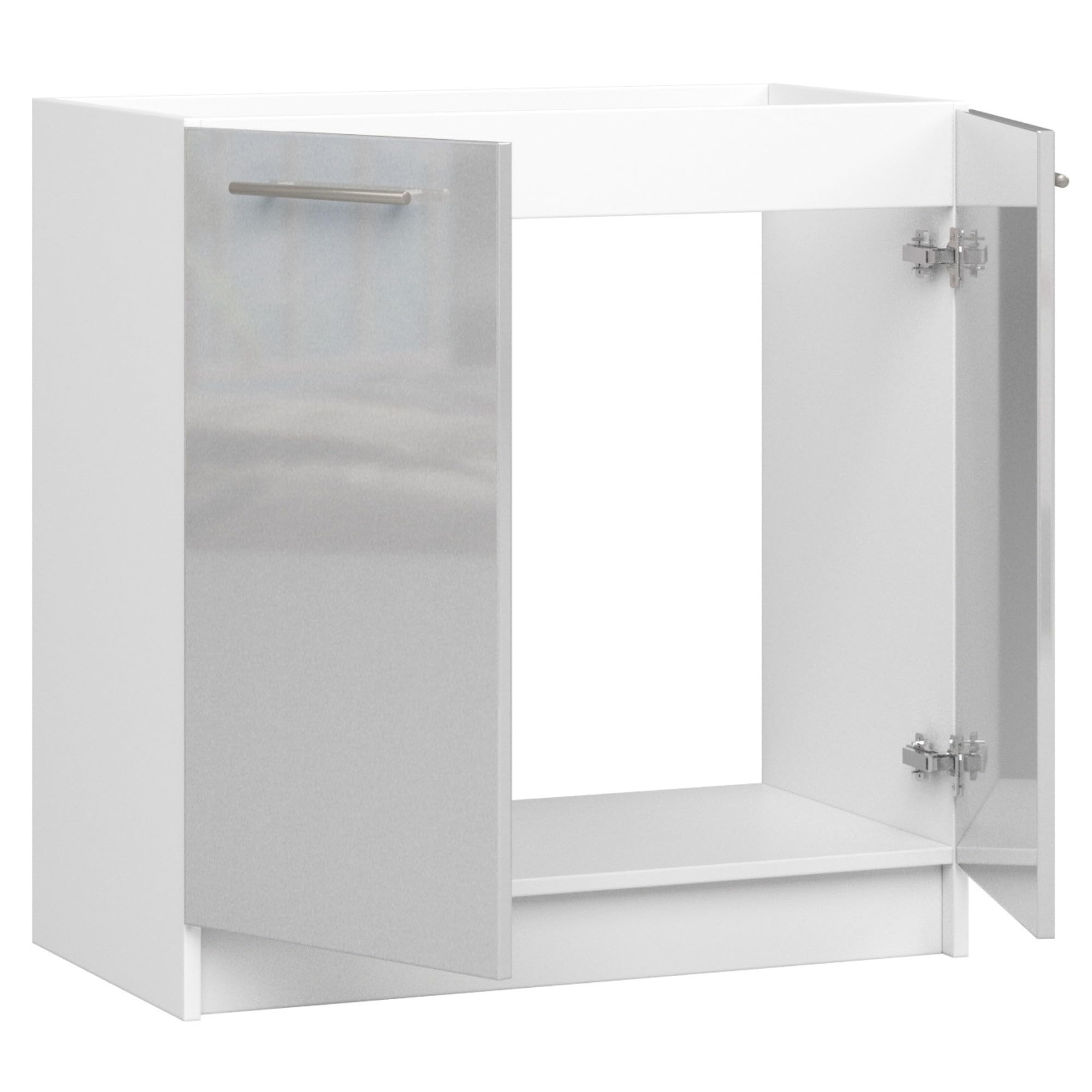 AKORD | Küchenschrank unter der Spüle - Oliwia S80 | Küchenunterschrank mit 2 Türen und 1 Einlegeböden | Unterschrank Küche 80 cm Breit | 46 x 80 x 82 cm | Weiß & Metallic-Glanz