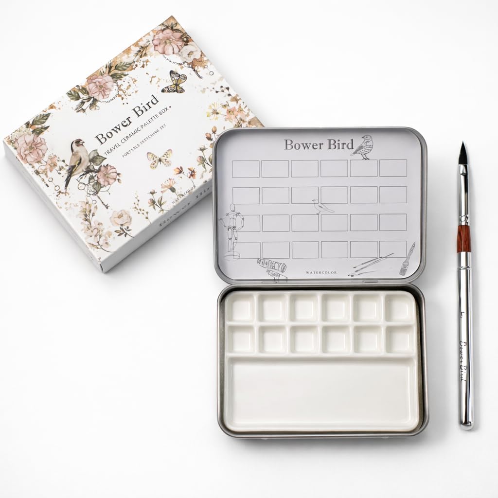 Bower Bird Travel Watercolor Palette,Portable Ceramic Palette 12 Well,Empty Paint Palette,Small Travel Metal Paint Boxwith Porcelain Palette (12Well Set)
