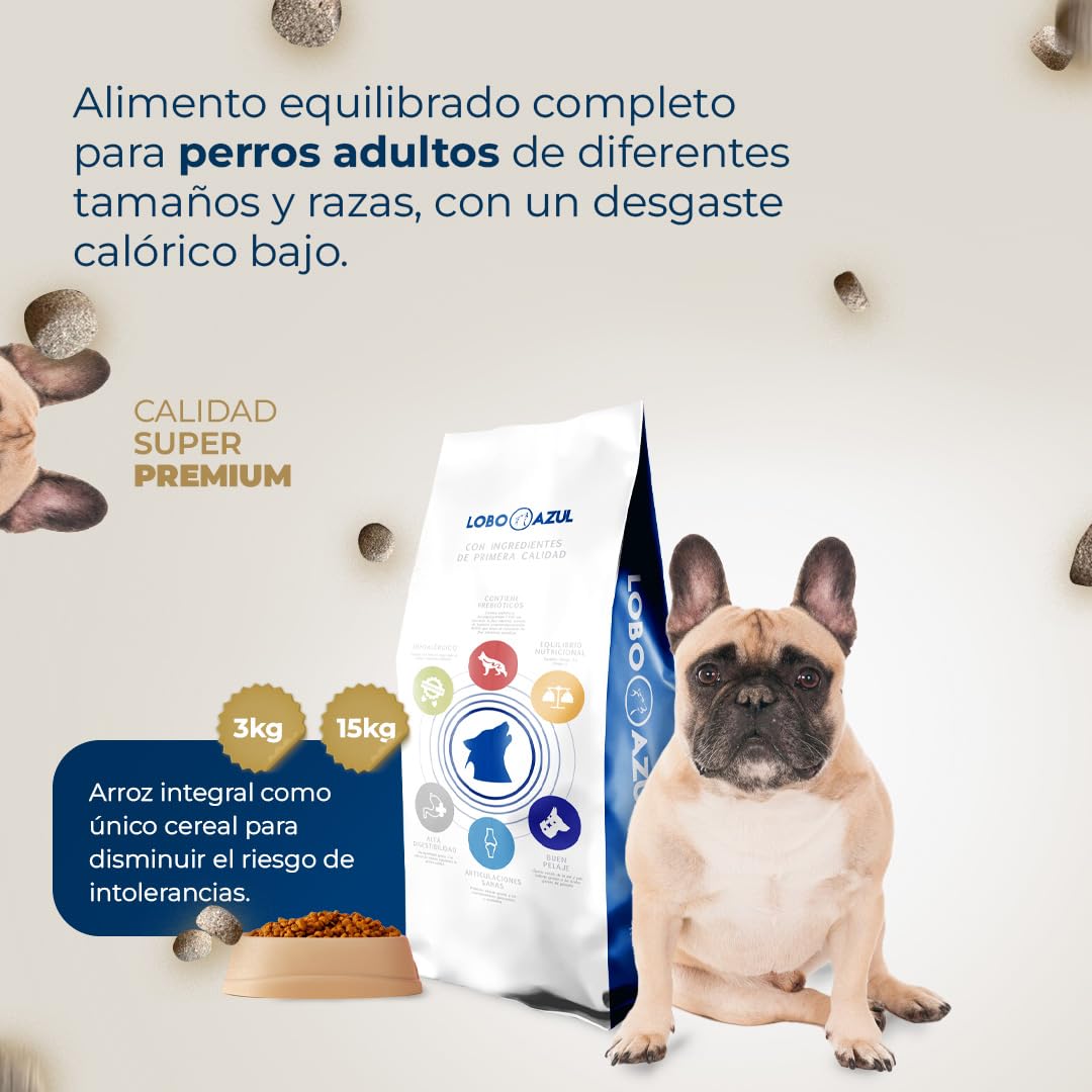 Pienso Light - Pienso para Perros Esterilizados Adultos - Light con Control de Peso - Alimento Completo Sin Cereales y Bajo en Calorías - 15kg - Lobo Azul Super Premium